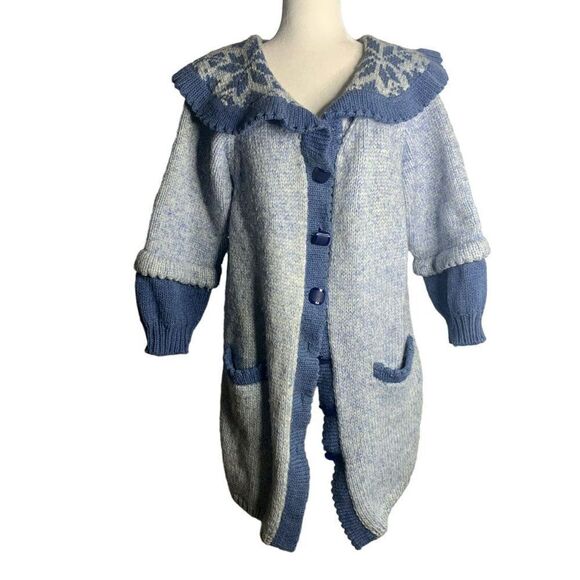 Vintage 80s Cardigan Sweater Jacket M Blue Chunky Knit Buttons Pockets Collared - Picture 1 of 5